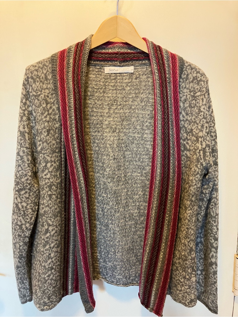 Gray Open-Front Women's Cardigan with Pink Stripe Trim